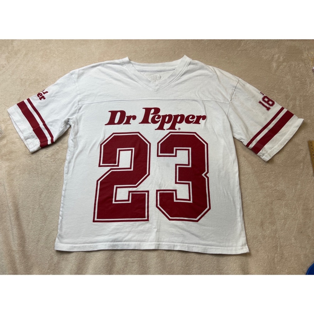 Dr Pepper Jersey Graphic Tee Women Small White Maroon 23 Est 85 V-Neck
